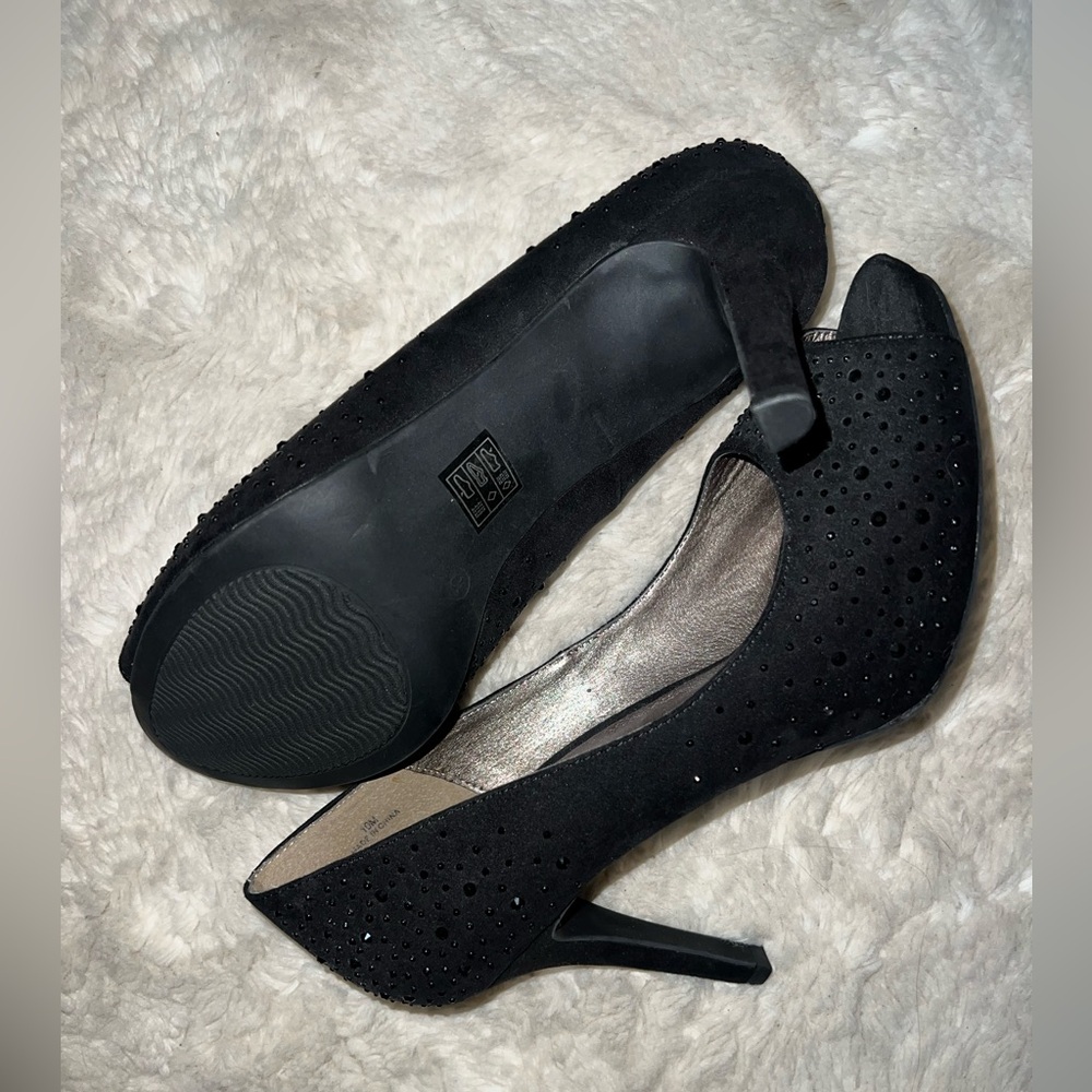 Dress Barn Sabina Black Peep-Toe 3” Heels with Rhinestones NWOT - Picture 2 of 6